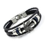 Bratara piele neagra pandantiv frunza